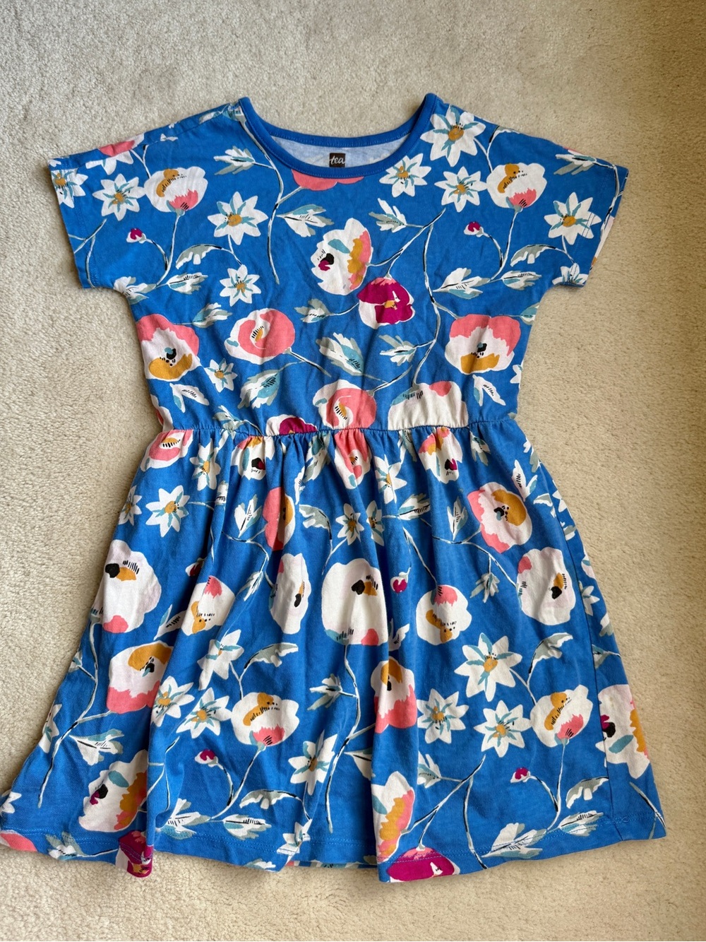 Tea Collection Blue Floral Dress Short Sleeve Elastic Waist Girls Size 7